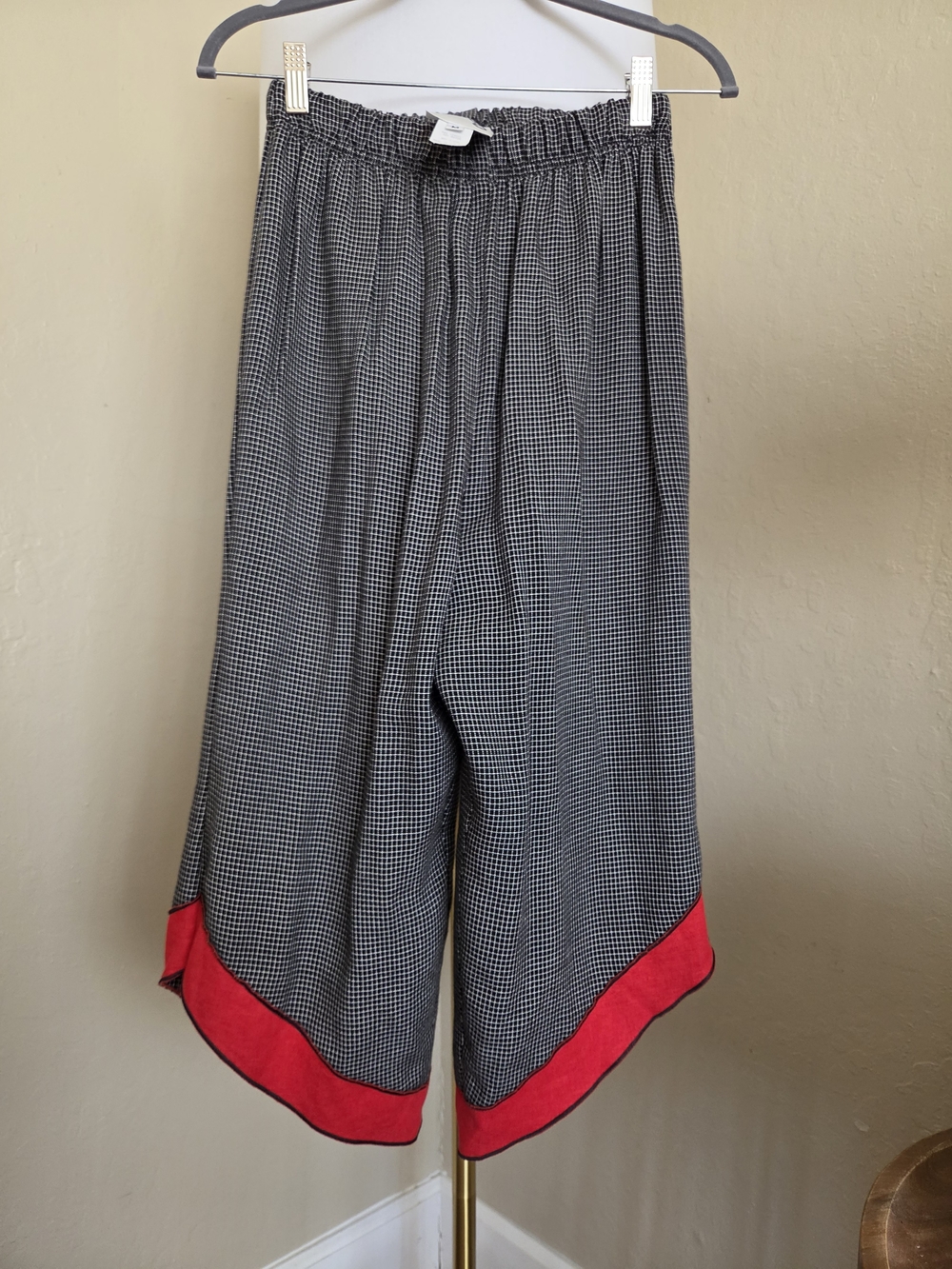 Vintage Cropped Wide-Leg Ankle Pants in Black & White Check with Red Hem